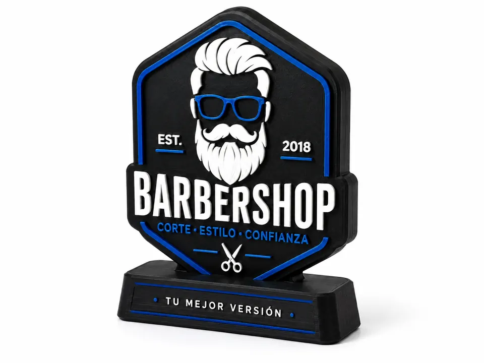 Ejemplo conceptual de placa o display 3D de marca para una barbería