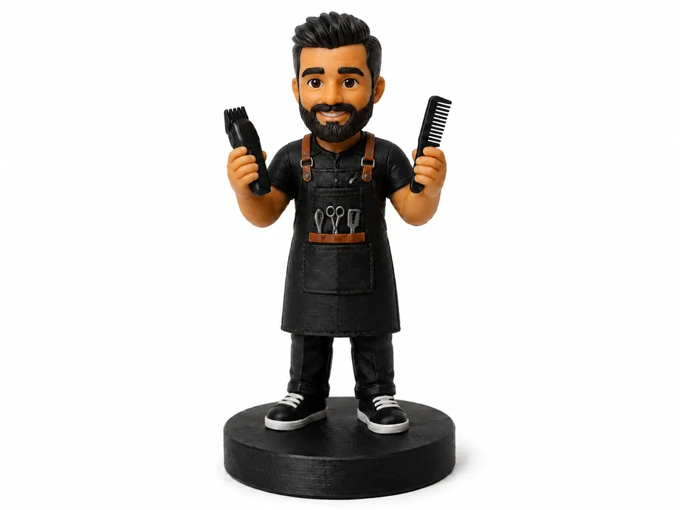 Ejemplo conceptual de figura 3D decorativa con temática de barbería