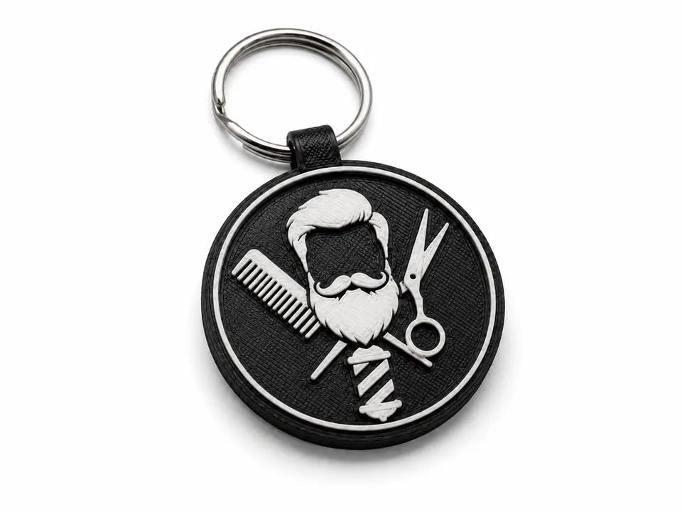 Ejemplo conceptual de llavero 3D con identidad visual para barbería