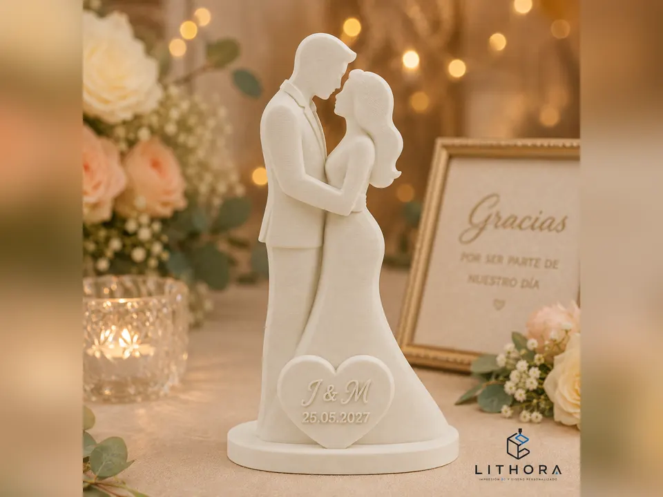Figura 3D personalizada de novios con iniciales y fecha en la base