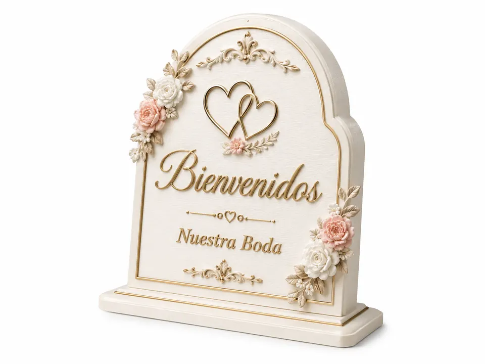 Ejemplo conceptual de letrero 3D de bienvenida para una boda