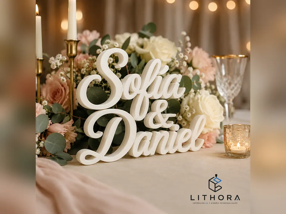Nombres de una pareja impresos en 3D como decoración de mesa de boda