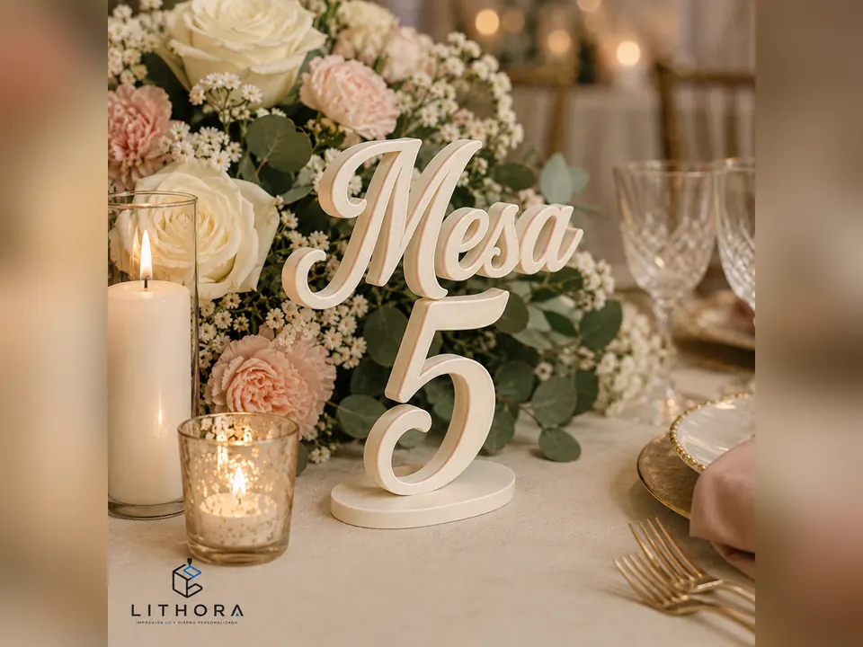 N&uacute;mero de mesa impreso en 3D con base propia, colocado junto al centro de mesa floral