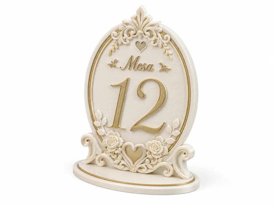 Ejemplo conceptual de número de mesa 3D decorativo para una boda