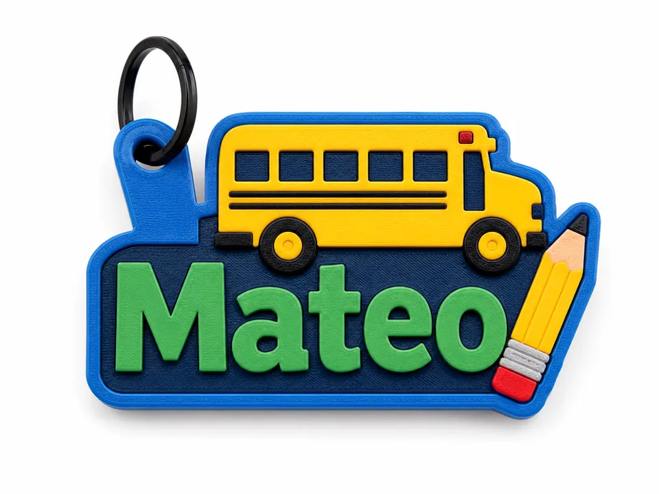 Ejemplo conceptual de llavero 3D escolar personalizado con nombre