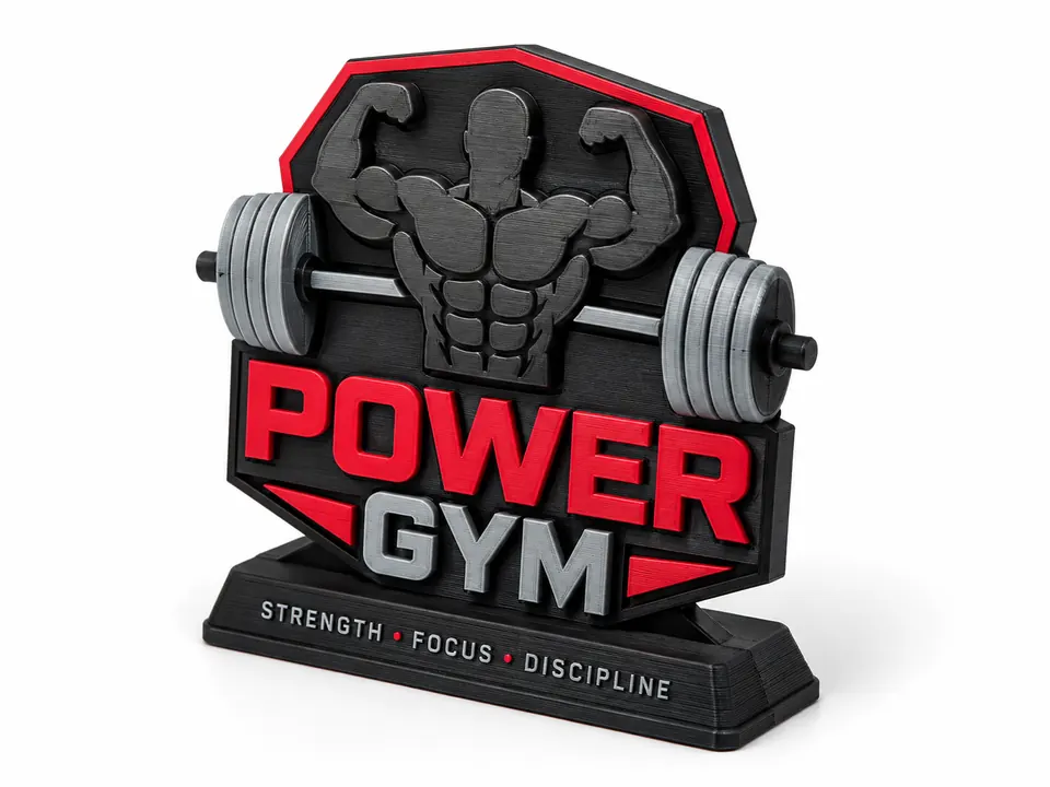 Ejemplo conceptual de letrero 3D decorativo con identidad para un gimnasio