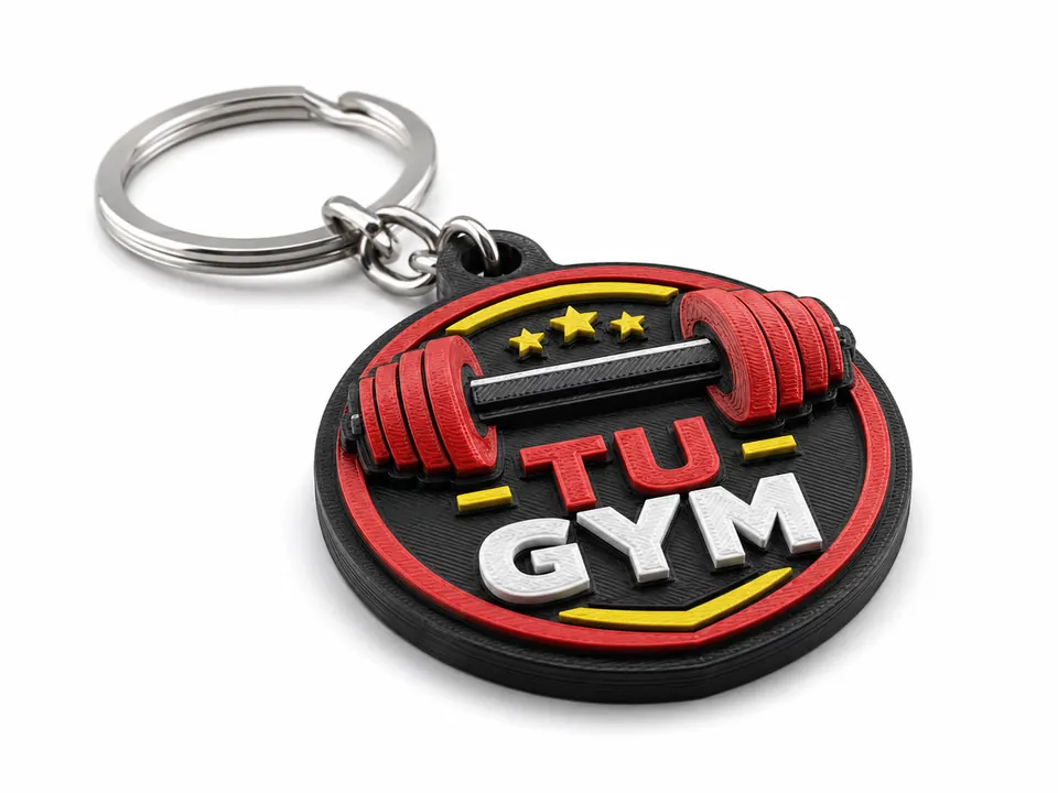Ejemplo conceptual de llavero 3D personalizado con identidad de gimnasio