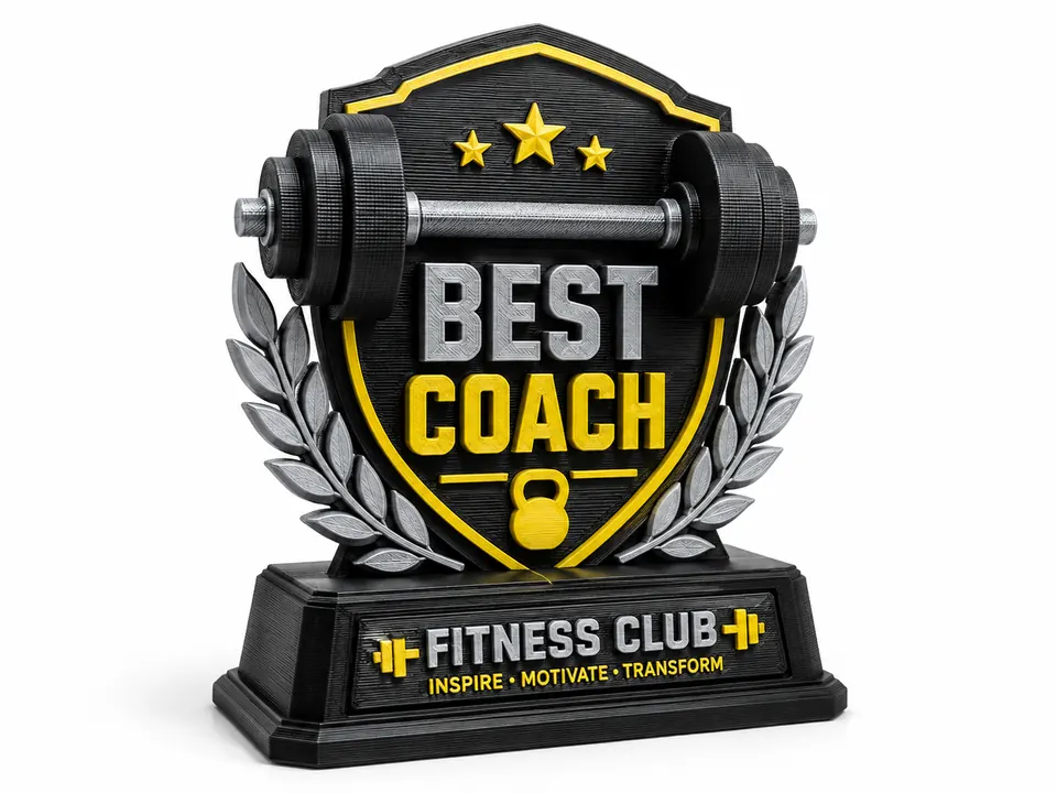 Ejemplo conceptual de trofeo 3D personalizado para reconocer a un coach de gimnasio