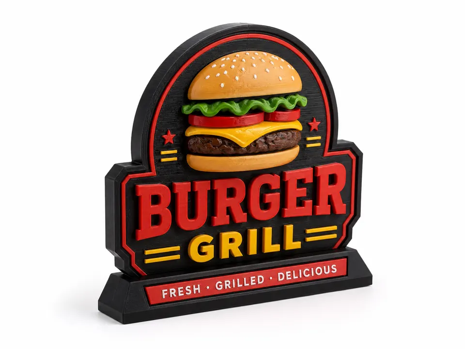 Ejemplo conceptual de display 3D de marca para una hamburguesería