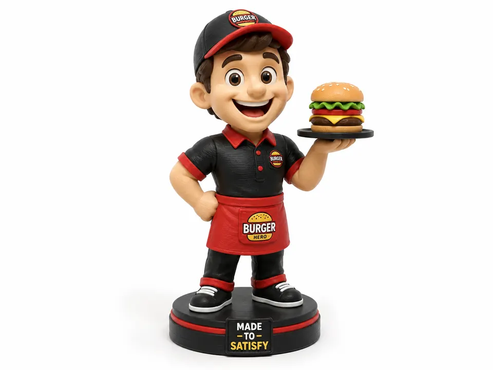 Ejemplo conceptual de figura 3D de personaje para una hamburguesería