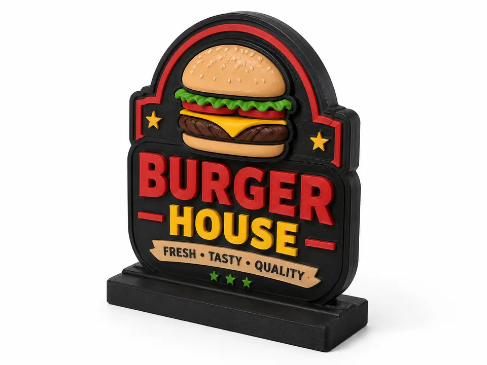 Ejemplo conceptual de letrero 3D personalizado para una hamburguesería