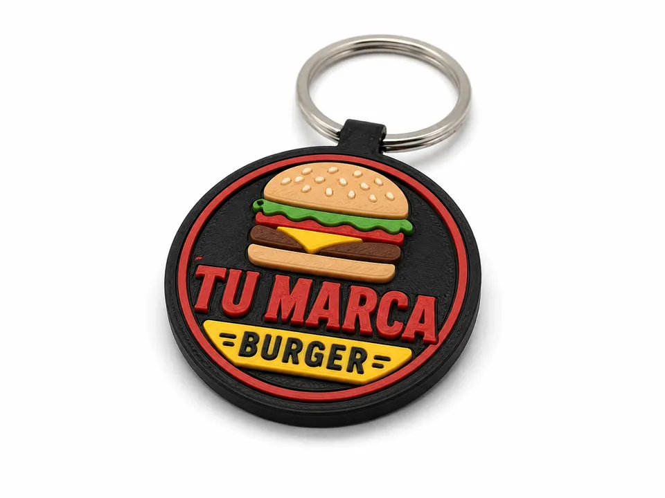 Ejemplo conceptual de llavero 3D con identidad visual para hamburguesería