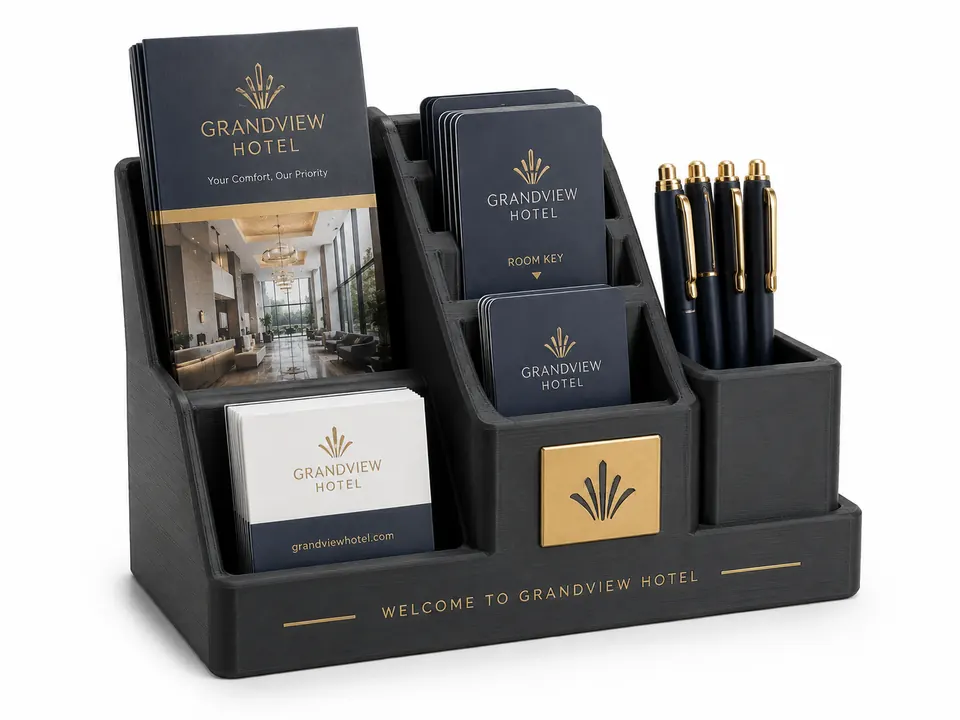 Ejemplo conceptual de organizador 3D con identidad visual para recepción de hotel