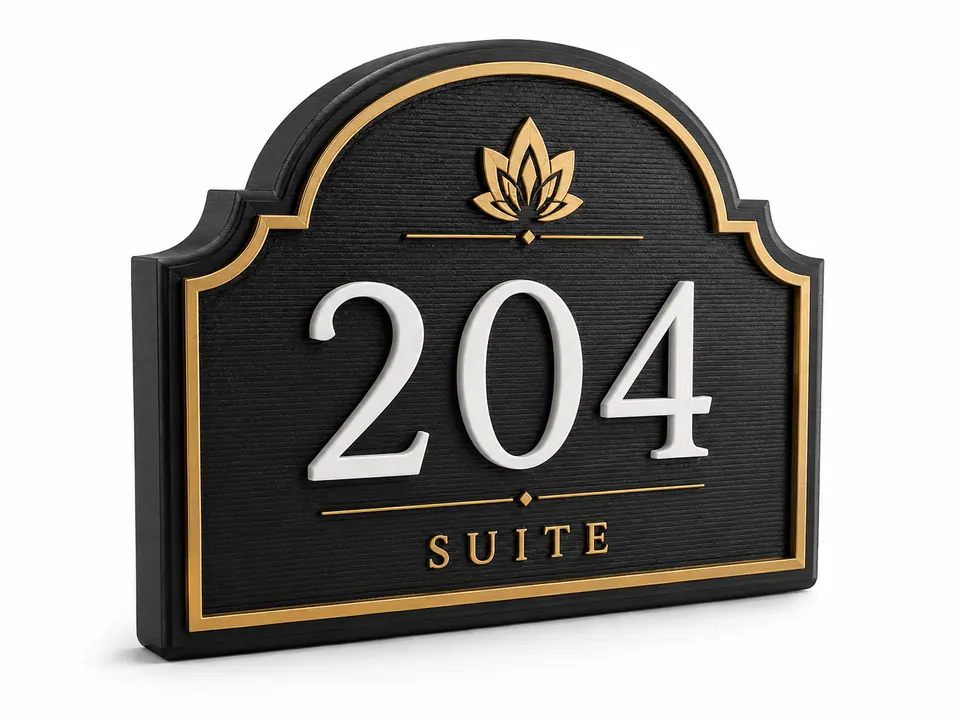 Ejemplo conceptual de placa 3D personalizada con número de habitación