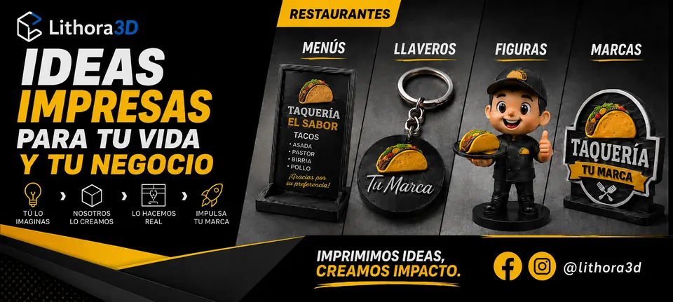 Ejemplo conceptual de menús, llaveros, figuras y letreros personalizados para restaurantes
