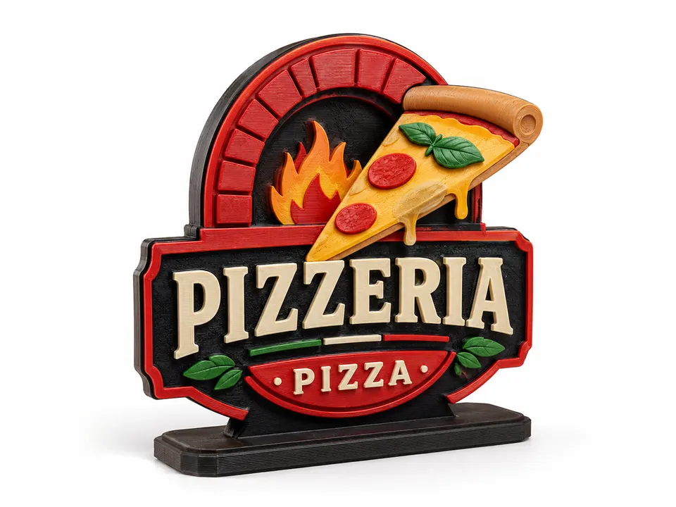 Ejemplo conceptual de display 3D de marca para una pizzería