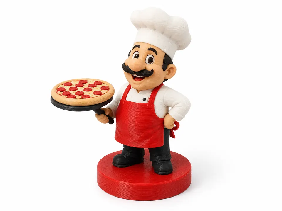 Ejemplo conceptual de figura 3D decorativa con temática de pizzería