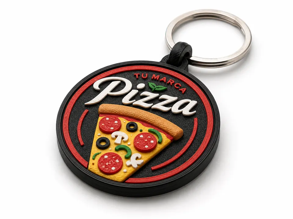 Ejemplo conceptual de llavero 3D con identidad visual para una pizzería