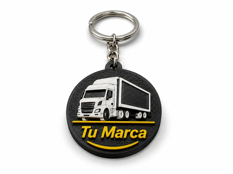 Ejemplo conceptual de llavero 3D con identidad visual para transporte